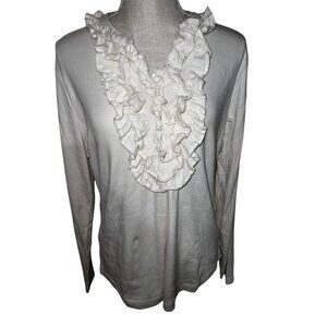 CHAPS White Ruffled Long-Sleeve V-Neck Top Cotton Blend Womens Shirt XL